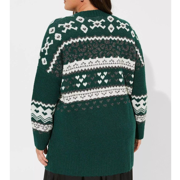 Torrid 3 (3X) Green Hearts & Leopard Fair Isle Vegan Cashmere Cardigan Sweater - Picture 3 of 3